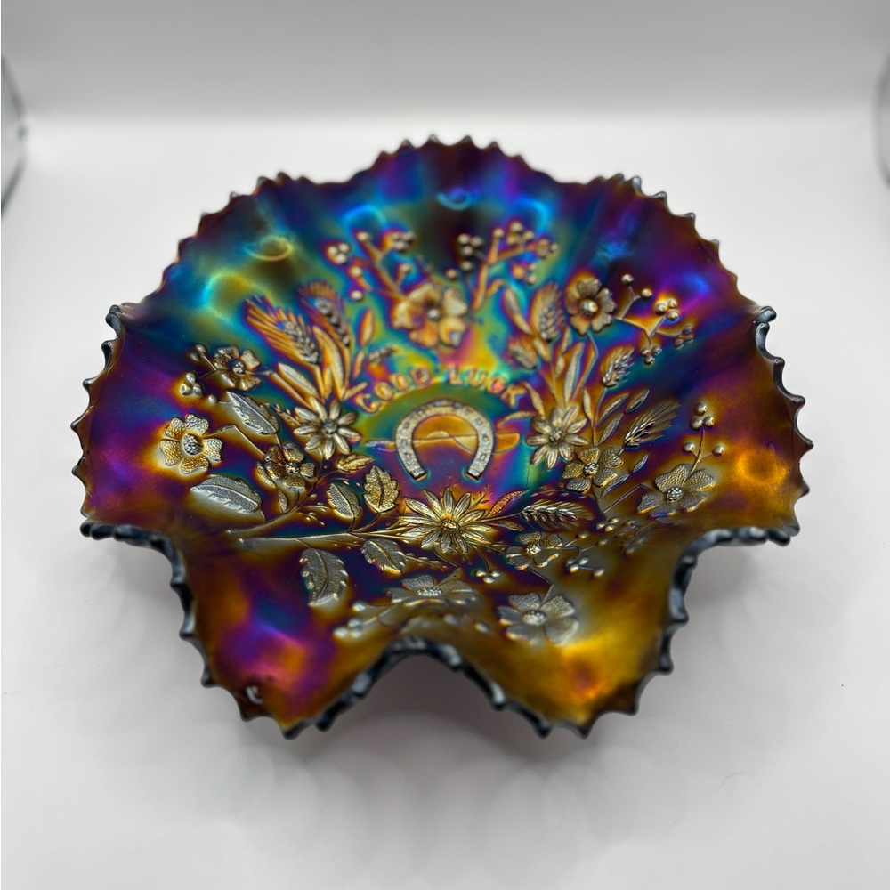 Vintage Carnival Electric Purple Northwood Good Luck Ruffled Bowl - Picture 3 of 9
